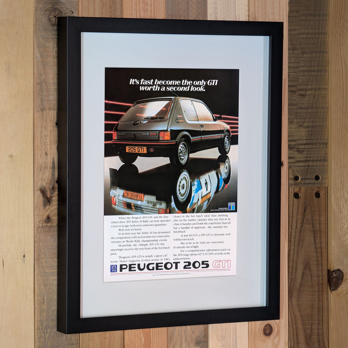 1985 Peugeot 205 GTi and Peugeot 205 T16 Advertisement - Original Framed