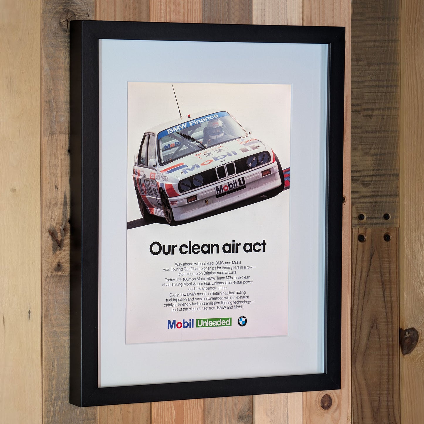 1991 BMW E30 M3 Mobil Unleaded Advertisement Poster - Original Framed